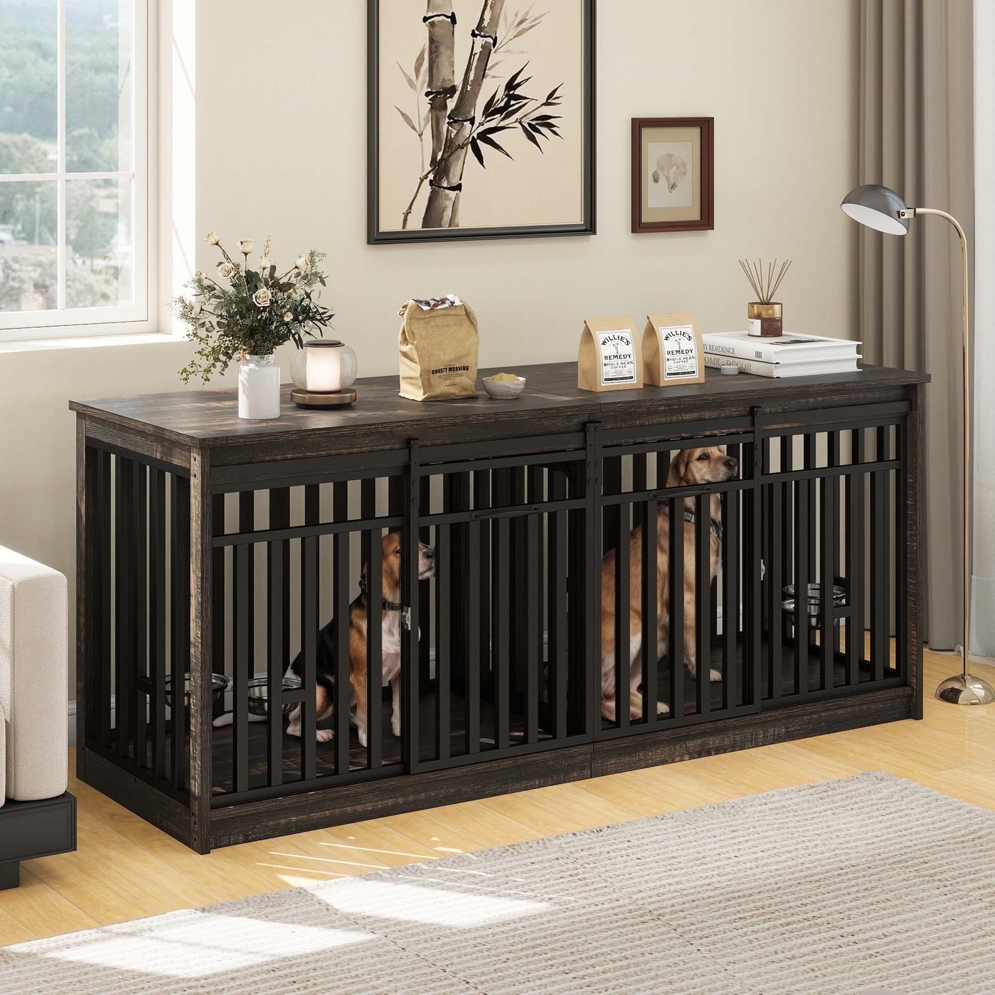 Dextrus 71" Large Double Dog Crate Kennel Furniture with 4 Dog Bowl, Sliding Doors for 2 Medium Dogs, Heavy Duty Wood TV Stand Dog Cage Table - Black Oak