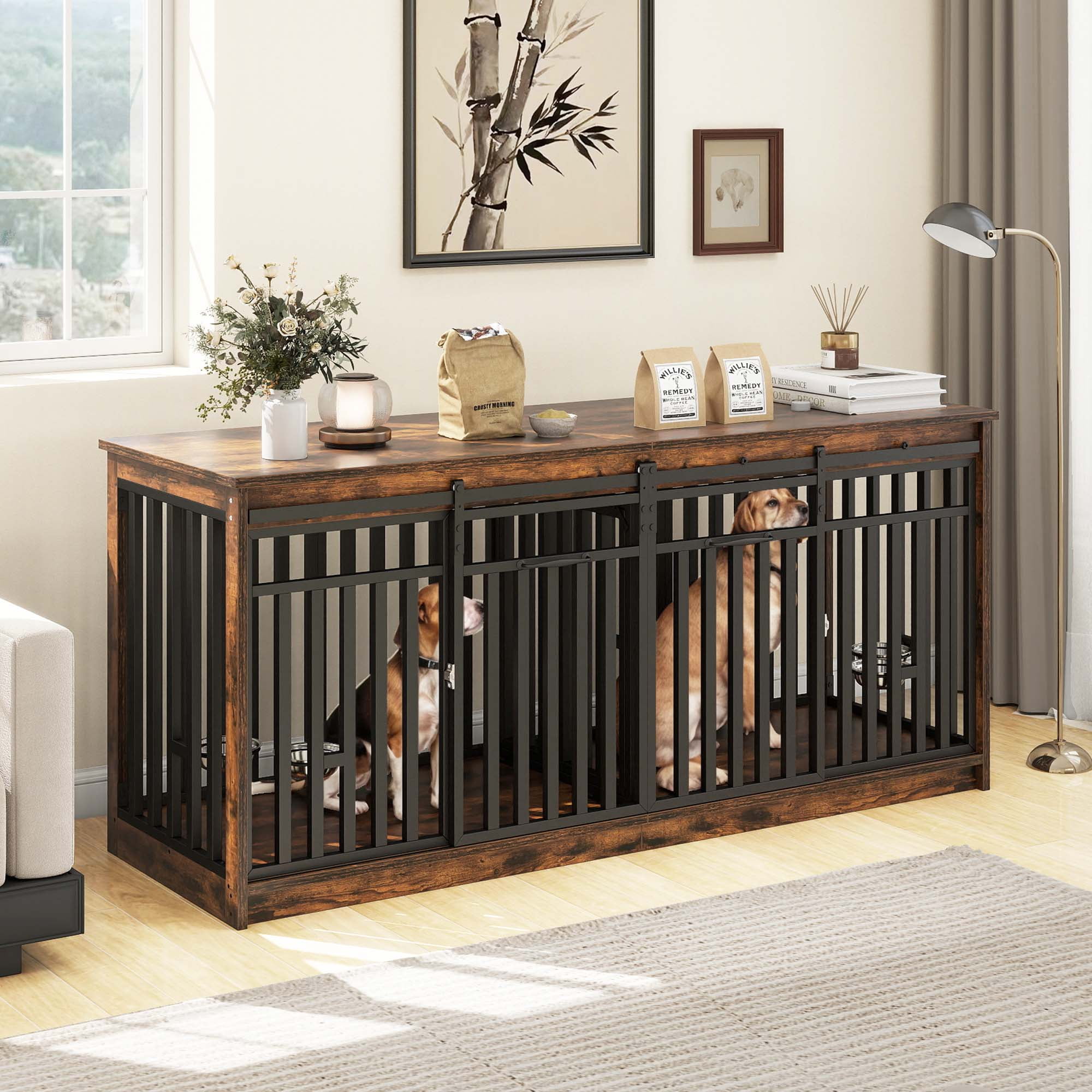 Dextrus 71" Large Double Dog Crate Kennel Furniture with 4 Dog Bowl, Sliding Doors for 2 Medium Dogs, Heavy Duty Wood TV Stand Dog Cage Table - Rustic Brown