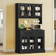 Dextrus 71" Tall Kitchen Pantry Storage Cabinet with Power Outlet, Freestanding Cupboard Storage Buffet Hutch with Microwave Stand, Storage Pantry with Drawers & Glass Doors, Black