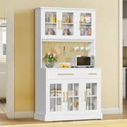 Dextrus 71" Tall Kitchen Pantry Storage Cabinet with Power Outlet, Freestanding Cupboard Storage Buffet Hutch with Microwave Stand, Storage Pantry with Drawers & Glass Doors, White