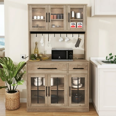 Dextrus 71" Tall Kitchen Pantry Storage Cabinet with Power Outlet, Freestanding Cupboard Storage Buffet Hutch with Microwave Stand, Storage Pantry with Drawers & Glass Doors, Brown