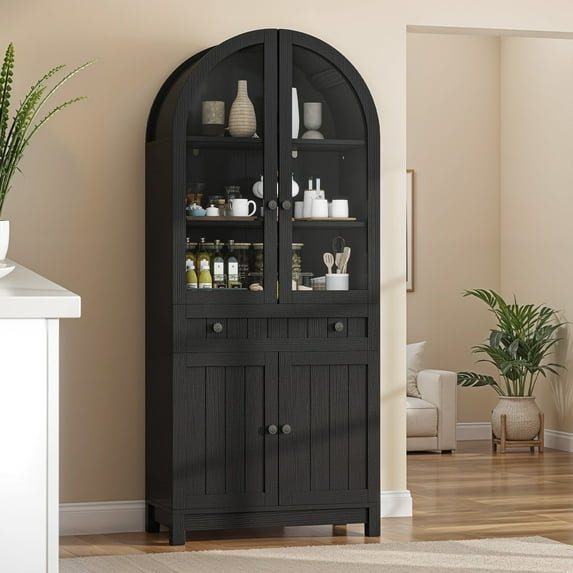 DEXTRUS 71" Tall Kitchen Pantry with Door & Drawer, Arched Kitchen Pantry Storage Cabinet, Black