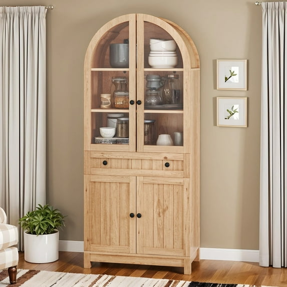 DEXTRUS 71" Tall Kitchen Pantry with Door & Drawer, Arched Kitchen Pantry Storage Cabinet, Nature