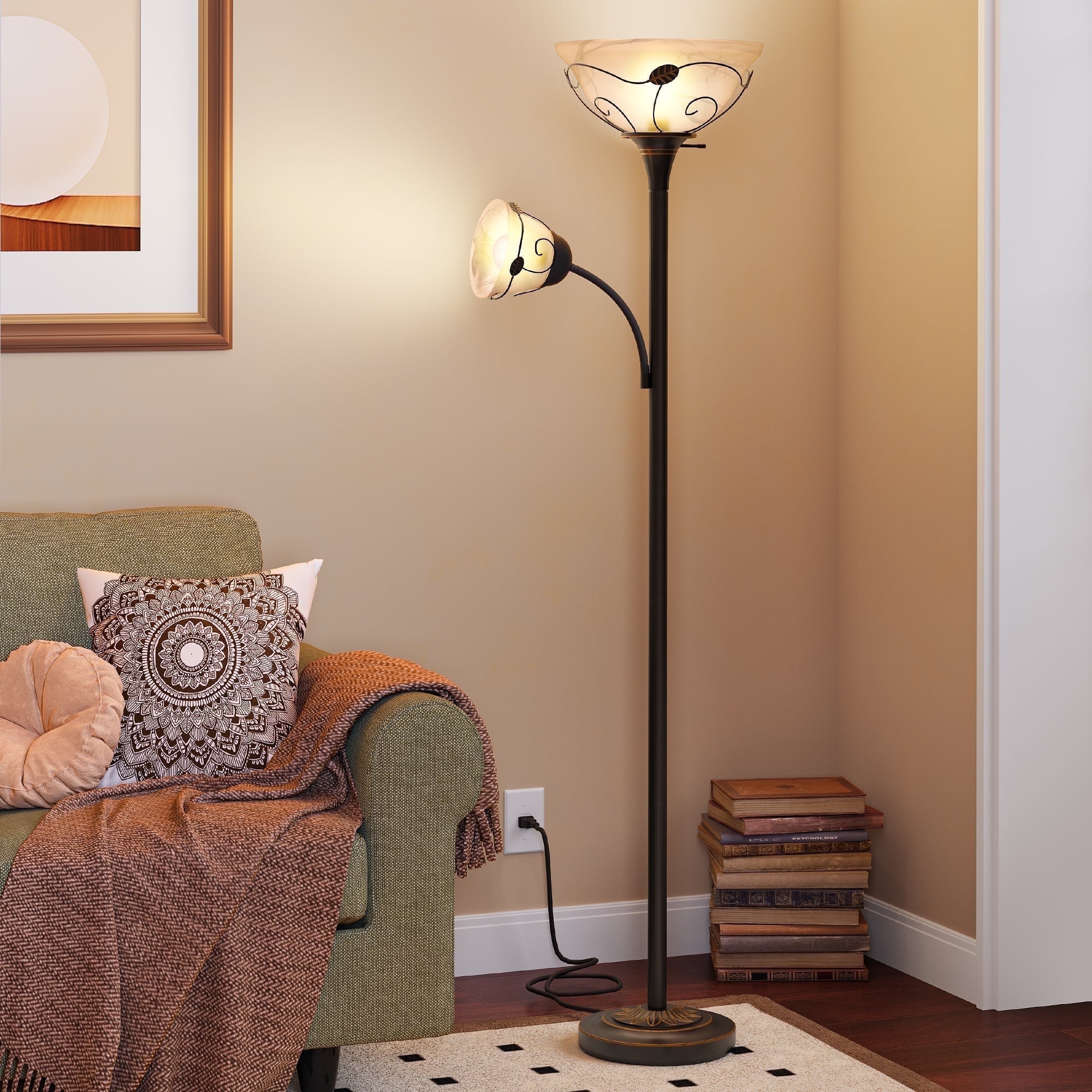 Dextrus 71'' Traditional Torchiere Floor Lamp with Hand-Painted Bronzed Pattern, 3-Way Switch, and Alabaster Glass Shades for Living Room, Bedroom, and Home Office