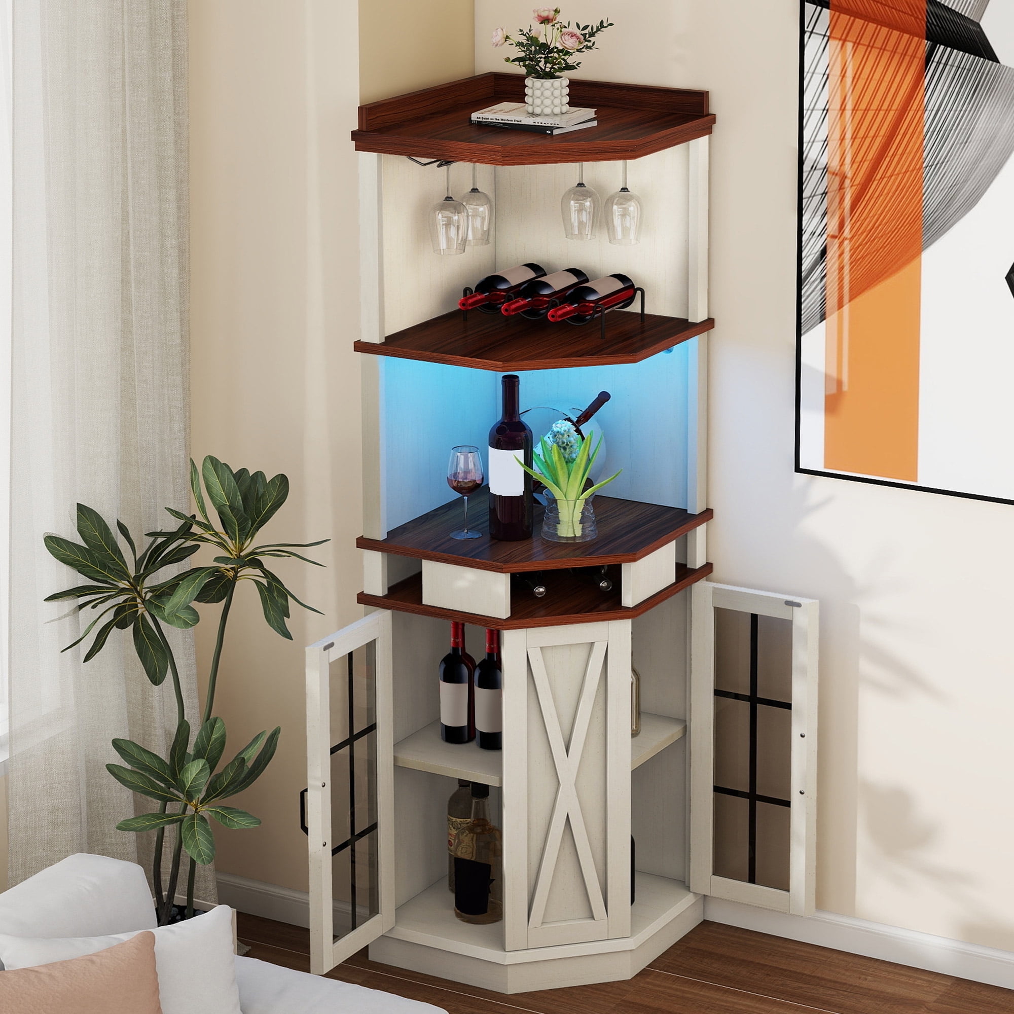Dextrus 72" Corner Bar Cabinet with LED Lights & Doors, 6-Tier Farmhouse Liquor Cabinet with Wine Glass Holder, White
