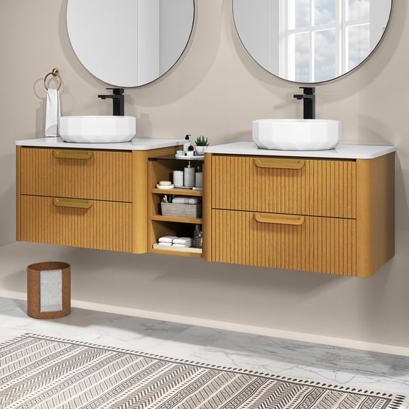 Dextrus 72-Inch Bathroom Vanity with 2 Basins, Wall Mounted Floating Vanity Cabinet with 4 Large Storage Drawers& 4 Open Spaces