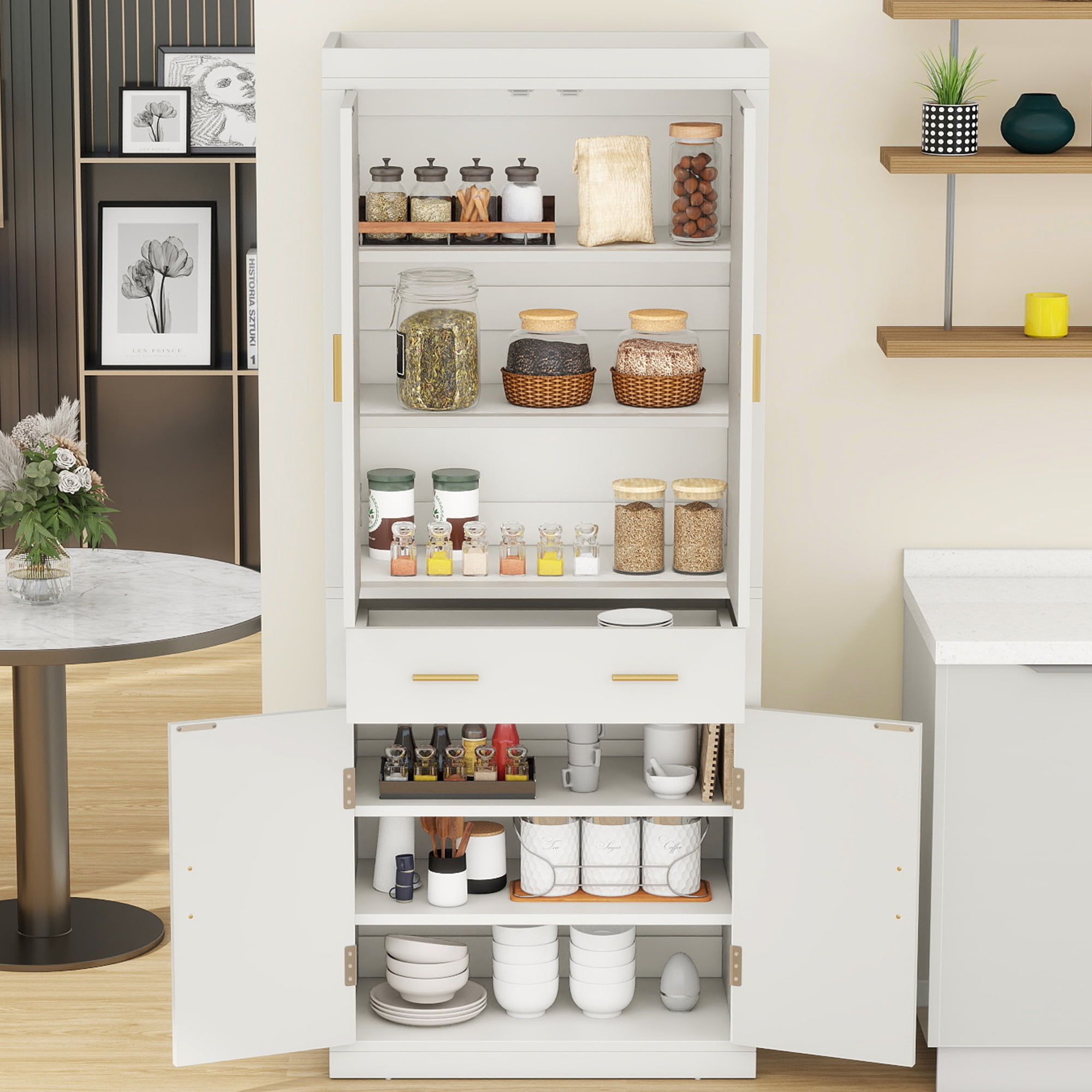 Dextrus Dextrus 72" Kitchen Pantry Storage Cabinet with Door, Shelf and Drawer, Modern Freestanding Buffet Cupboards