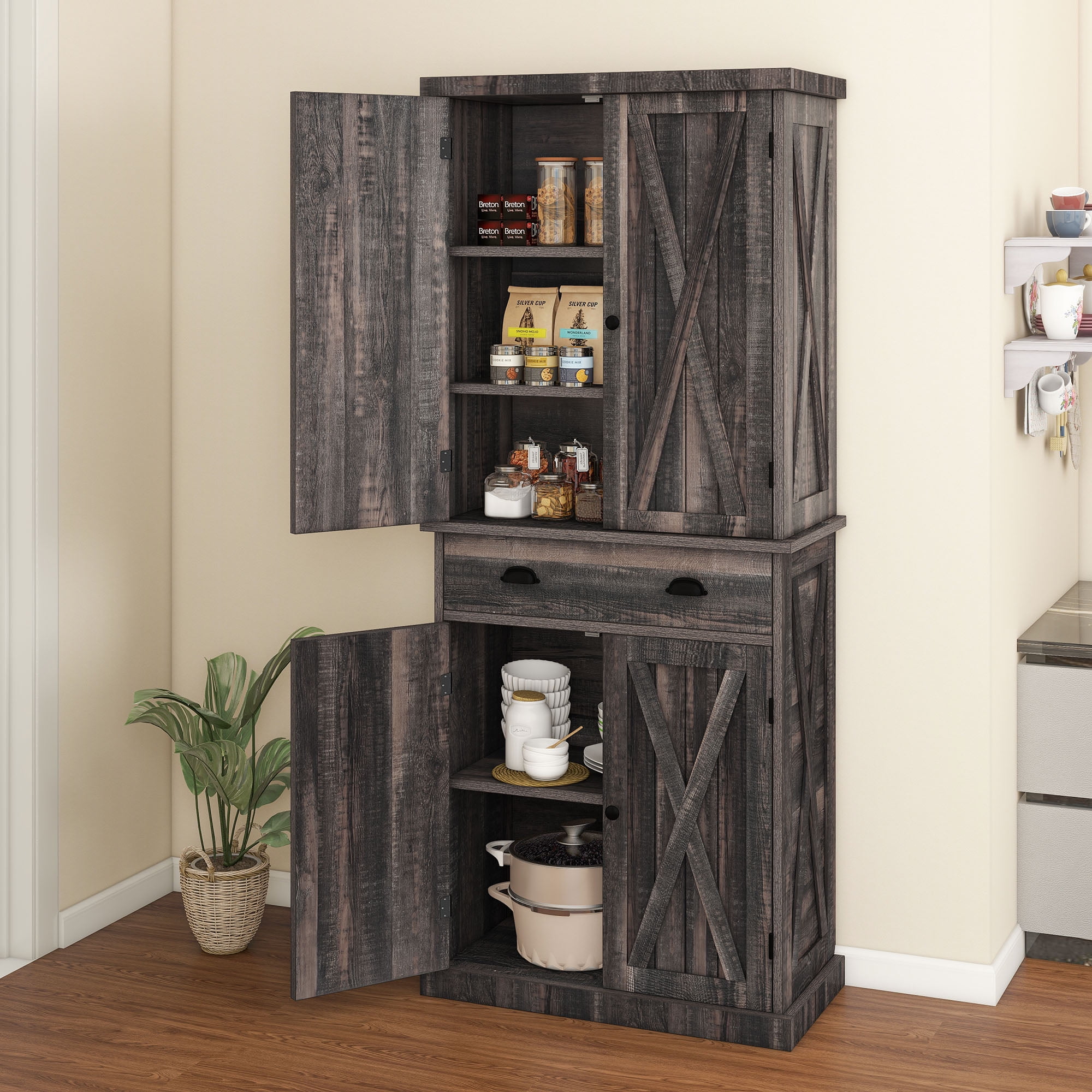 Dextrus 72 Kitchen Pantry Storage Cabinet Large Drawer Farmhouse Storage Cabinet with 4 Doors Rustic Oak Walmart
