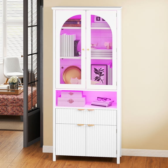 Dextrus 72" Tall Bookcases with LED Light& Drawers, 6 Tier Wooden Storage Bookshelf with Door, Display Cabinet