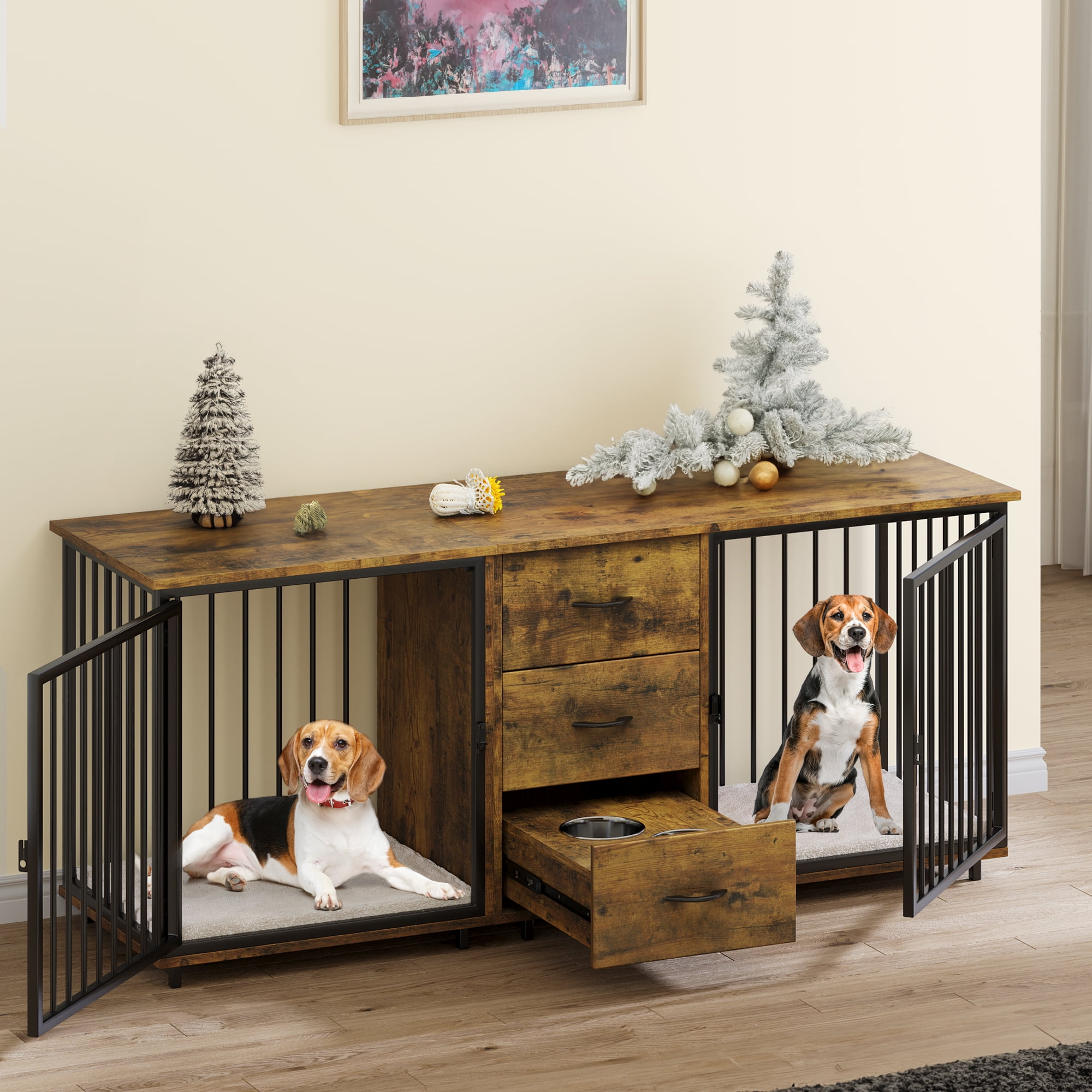 Dextrus 74" Large Double Dog Crate Kennel Furniture with Divider and 2 Drawers&2 Feeder Bowls,for 2 Medium or Large Dogs, Rustic Brown