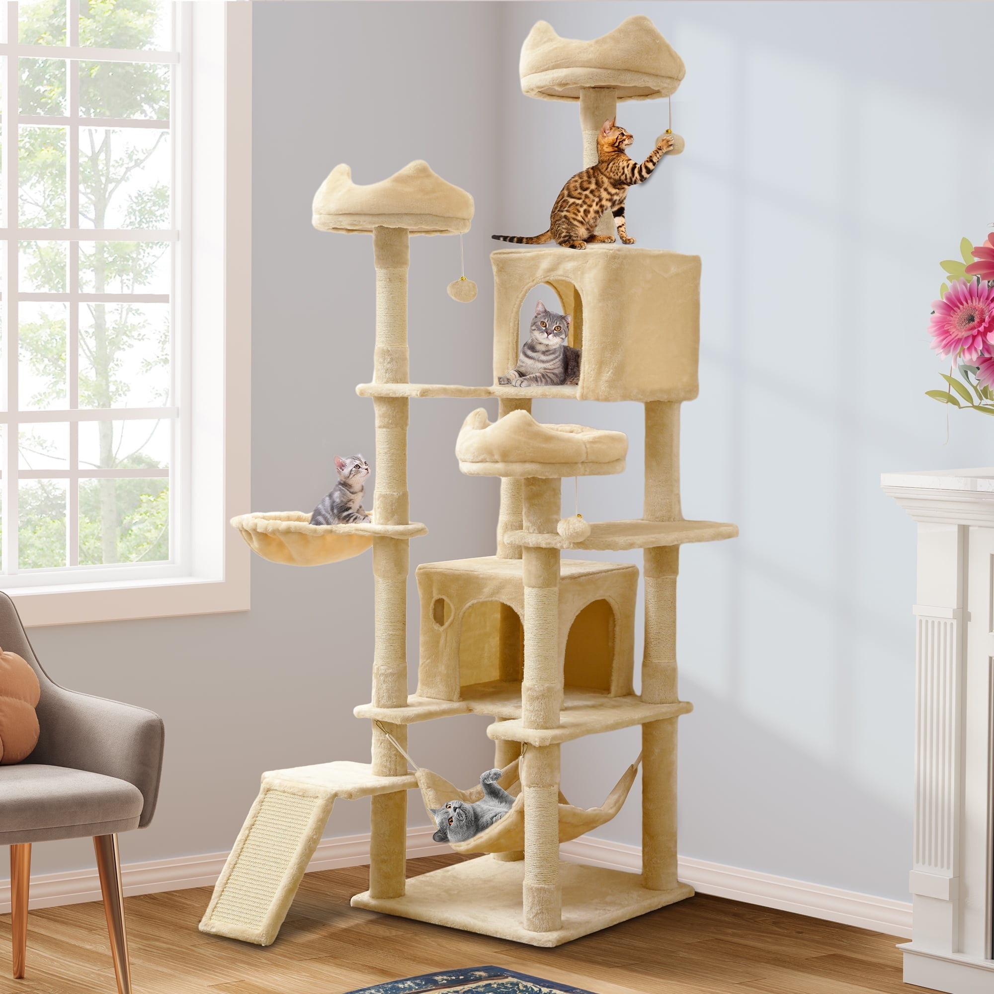 Dextrus 75" Multi-Level Cat Tree Tower with Cat Condos, Perches, Hammocks, Scratching Posts Board, Large Cat Activity Center,Beige