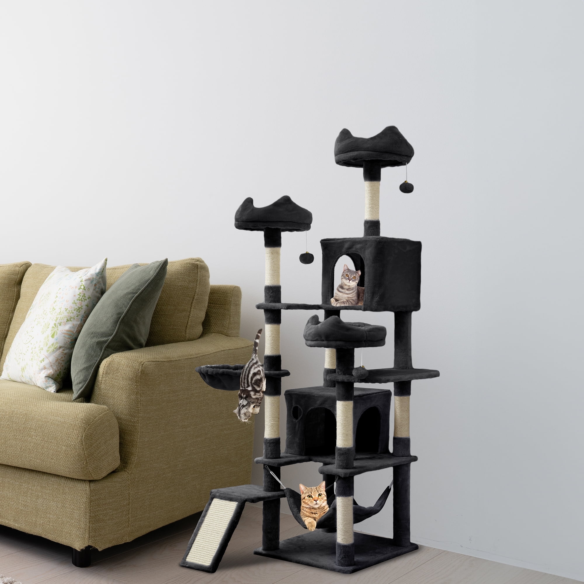 Dextrus 75" Multi-Level Cat Tree Tower with Cat Condos, Top Perches, Hammocks, Scratching Posts Board, Large Cat Activity Center,Black