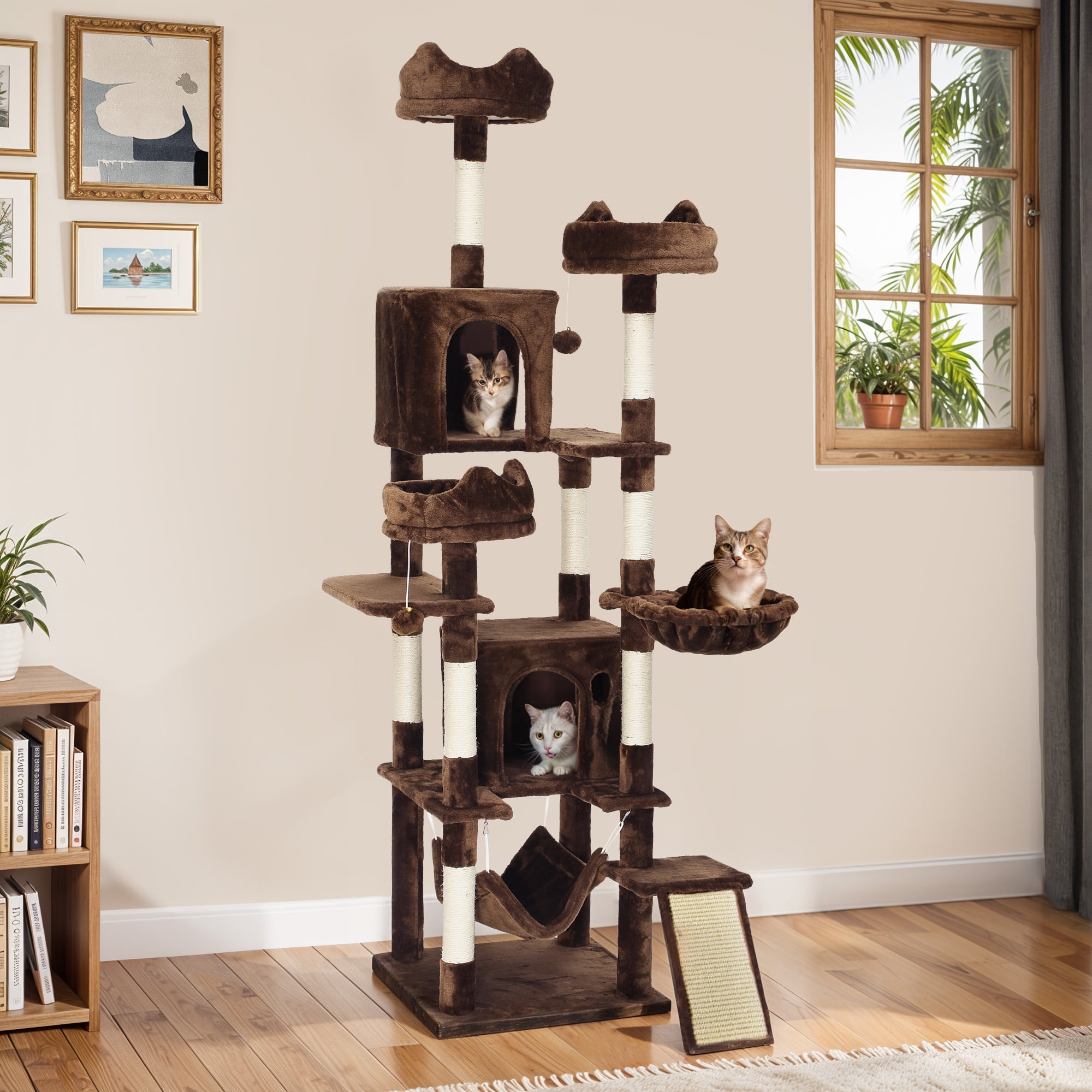 Dextrus 75" Tall Cat Tree for Large Cats, Multi-Level Play Tower Condo with Sisal Ramp Scratching Post & Hammocks, Brown