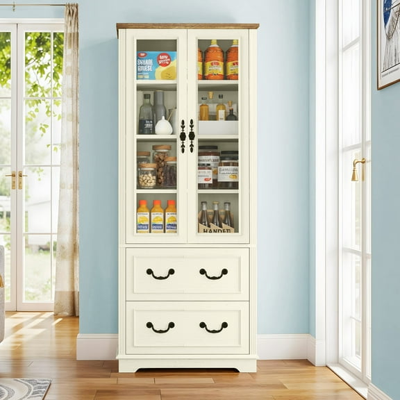 Dextrus 76'' Kitchen Pantry Cabinet with 2 Drawers, Tall Storage Cabinet with Glass Doors & Adjustable Shelves, Beige