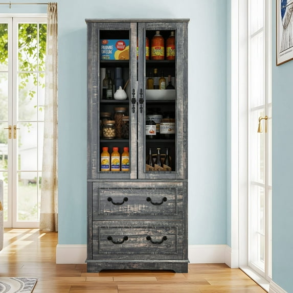 Dextrus 76'' Kitchen Pantry Cabinet with 2 Drawers, Tall Storage Cabinet with Glass Doors & Adjustable Shelves, Dark Rustic Oak