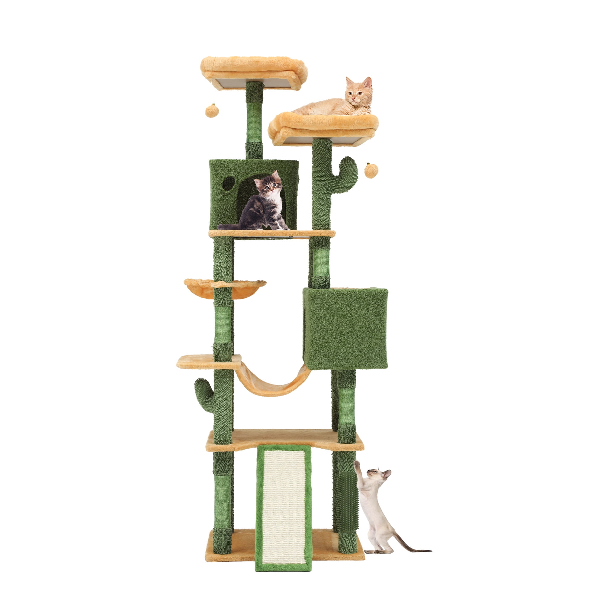 Dextrus 76" Tall Cactus Cat Tree Tower, Large Cat Condo with Self-Grooming Brush, Plush Platform, Hammock, Sisal Scratching Posts, and Toy Balls,Green