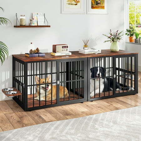 Dextrus 77.6" 4-in-1 Large Double Dog Crate Furniture,Heavy-Duty Brown Wooden Dog Kennel with 360° Swivel Bowls,Dog Crate Furniture TV Stand for 2 Medium/Large Dogs,Brown
