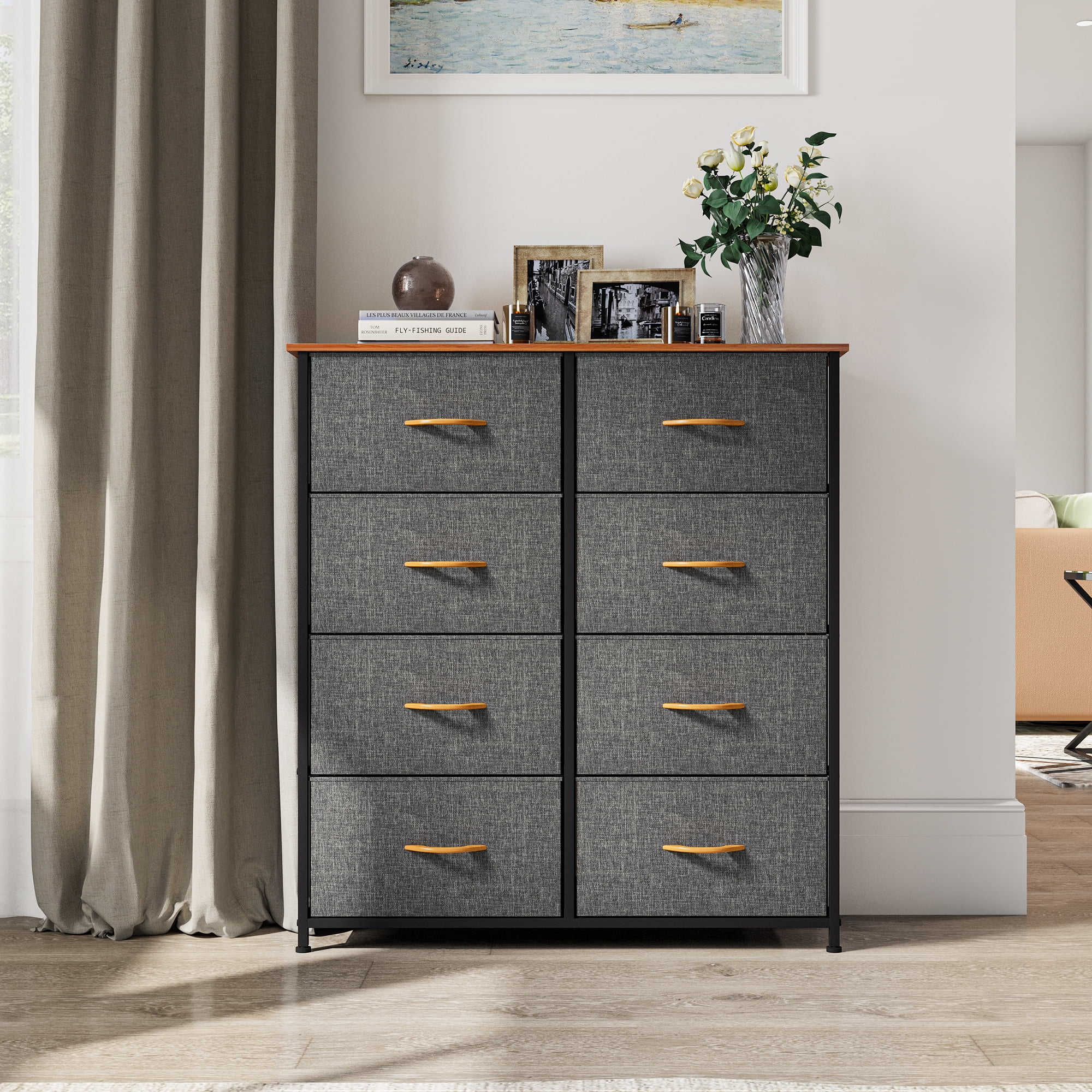 Dextrus 8-Drawer Dresser Chest with Storage Shelf Organizer, Gray