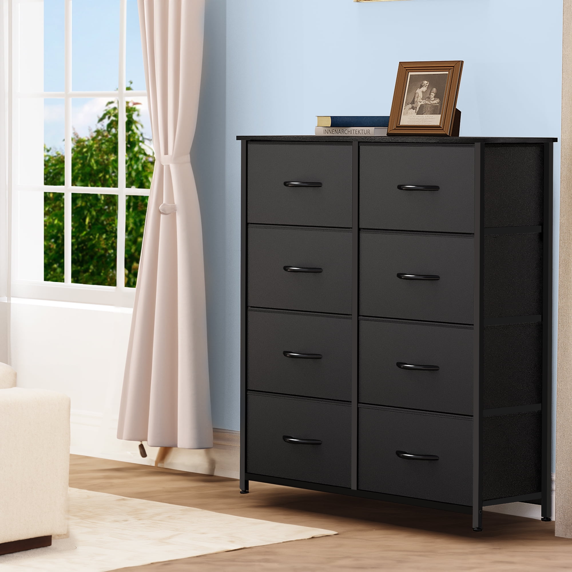 DEXTRUS 8 Drawer Tall with Fabric Bins Dresser ‎Fabric Wood Metal Black for Adult, 24.45lb