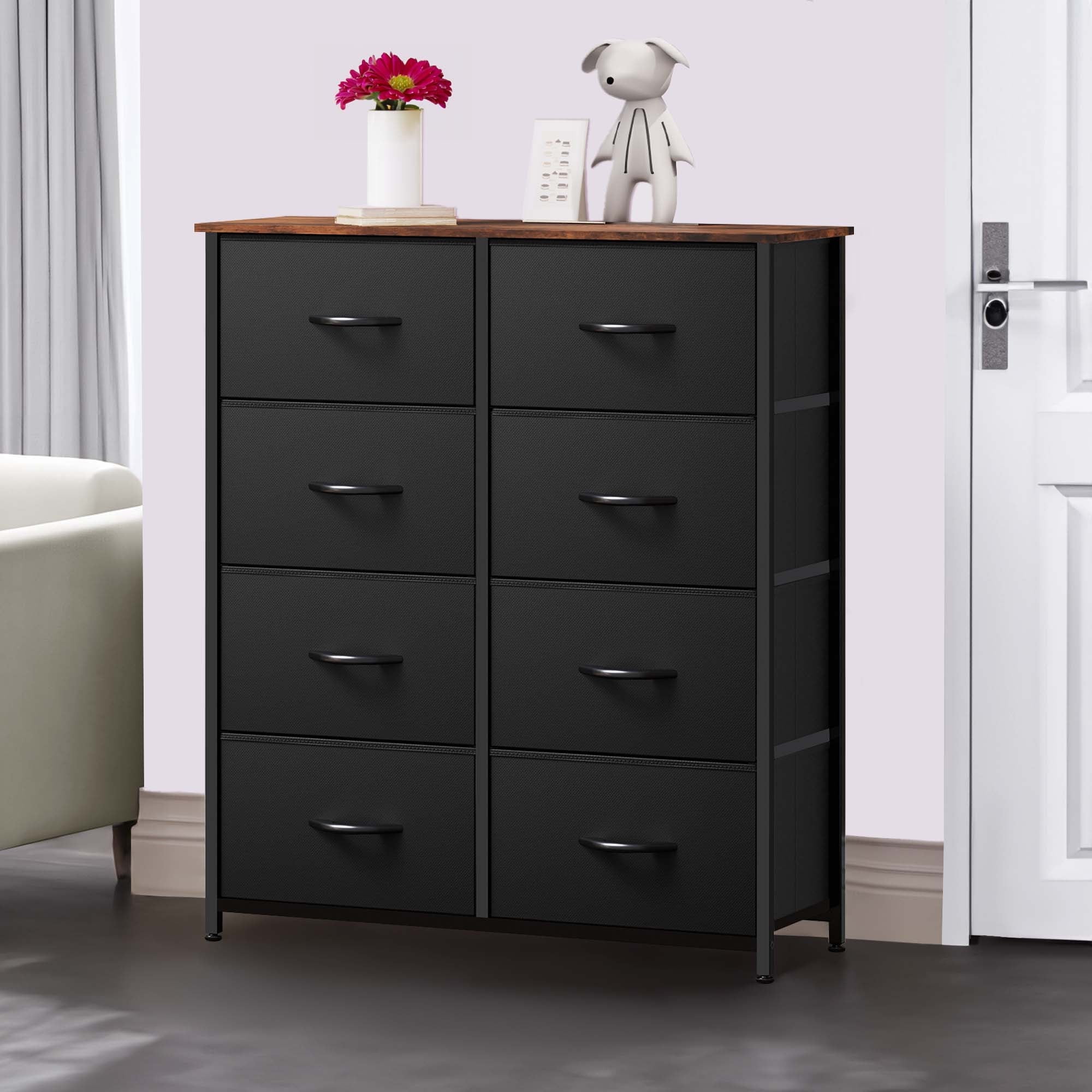 DEXTRUS 8 Drawers Fabric Storage Dressers for Adult for Living Room, Bedroom, Black/Rustic Brown