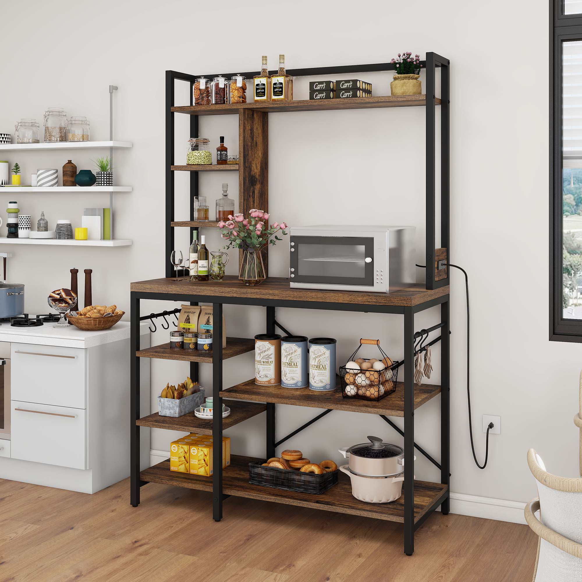 Free Shipping Dextrus 8 Tier Kitchen Bakers Rack with Power Outlets 39 Freestanding Microwave Stand with 6 S Shaped Hooks Kitchen Storage Shelf Organizer Rustic Brown Walmart