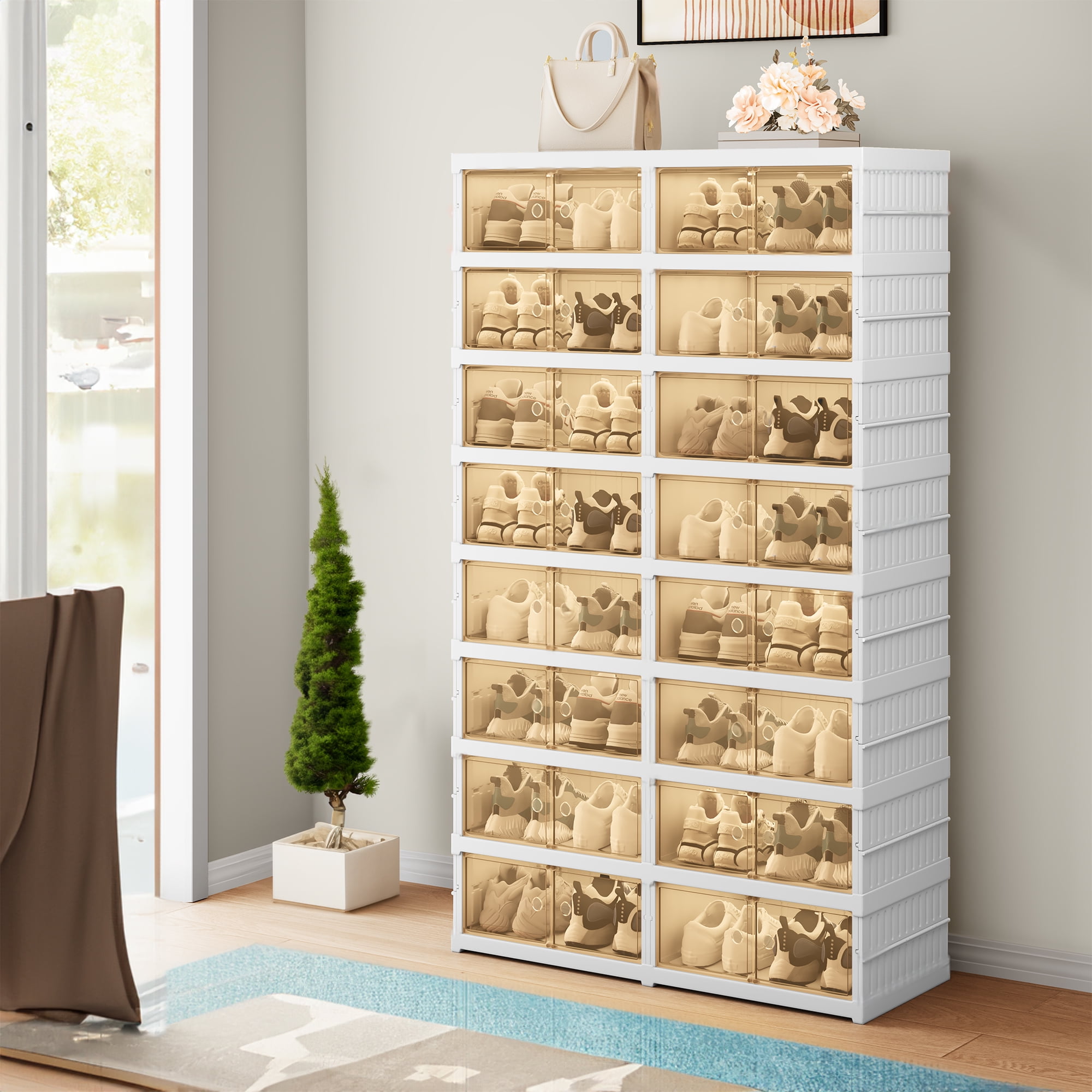 White Foldable 8-Tier Plastic Shoe Storage Cabinet with Transparent Doors