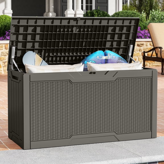 Dextrus 80 Gallon Rattan Resin Deck Box, Heavy-Duty Lockable Outdoor Storage Container, Multipurpose Patio Organizer for Garden Tools, Pool Supplies and Home Essentials, Black, Light Brown