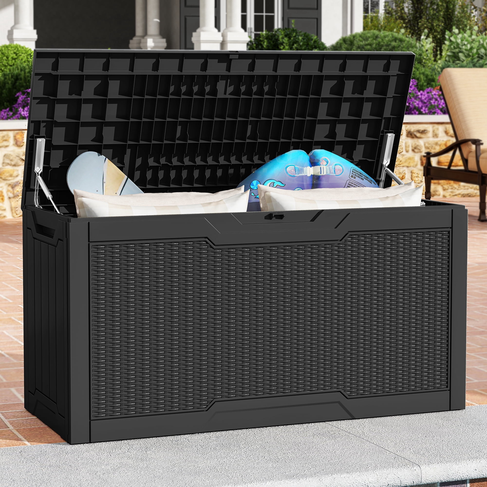 Dextrus 80 Gallon Weatherproof Rattan Resin Deck Box, Heavy-Duty Lockable Outdoor Storage Container, Multipurpose Patio Organizer for Garden Tools, Pool Supplies and Home Essentials, Black