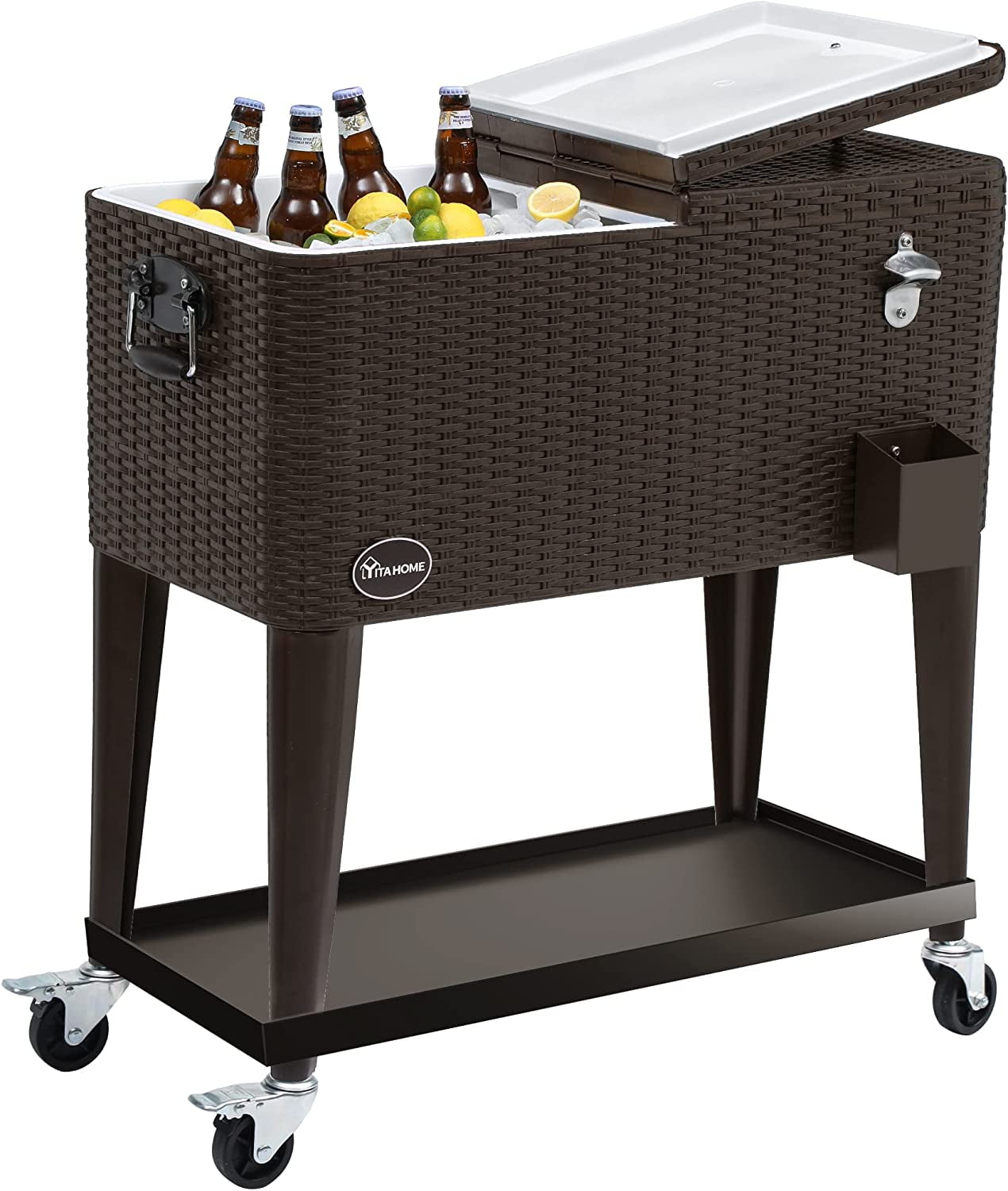 Dextrus 80 Quart Rattan Rolling Cooler Cart with Bottle Opener Drainage