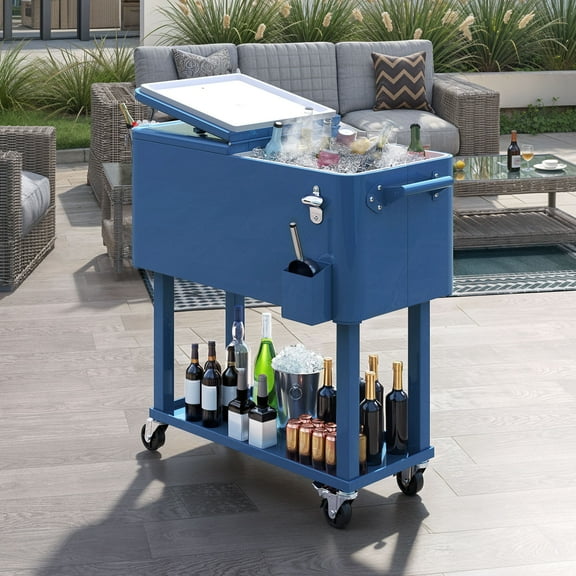 Dextrus 80 Quart Rolling Cooler Cart with 360 Swivel Wheels, Outdoor Portable Beverage Ice Chest Cart,with Handles, Bottle Opener, Drain & Bottom Tray, Blue