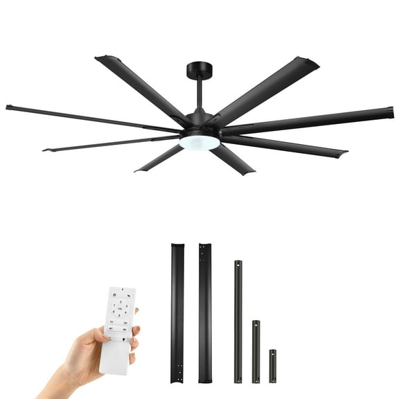 Dextrus 80 inch Large Industrial Ceiling Fan with Light and Remote, Indoor Ceiling Fan with 8 Blades,6 Speed for Porch Garage Shop, Black