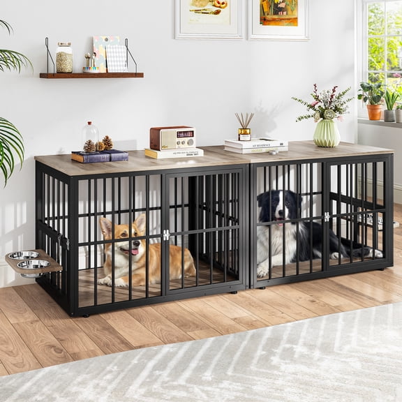 Dextrus 88.6" 4-in-1 Large Double Dog Crate Furniture,Heavy-Duty Wooden Dog Kennel with 360° Swivel Bowls & 3 Doors,Dog Crate Furniture TV Stand for 2 Medium/Large Dogs,Gray