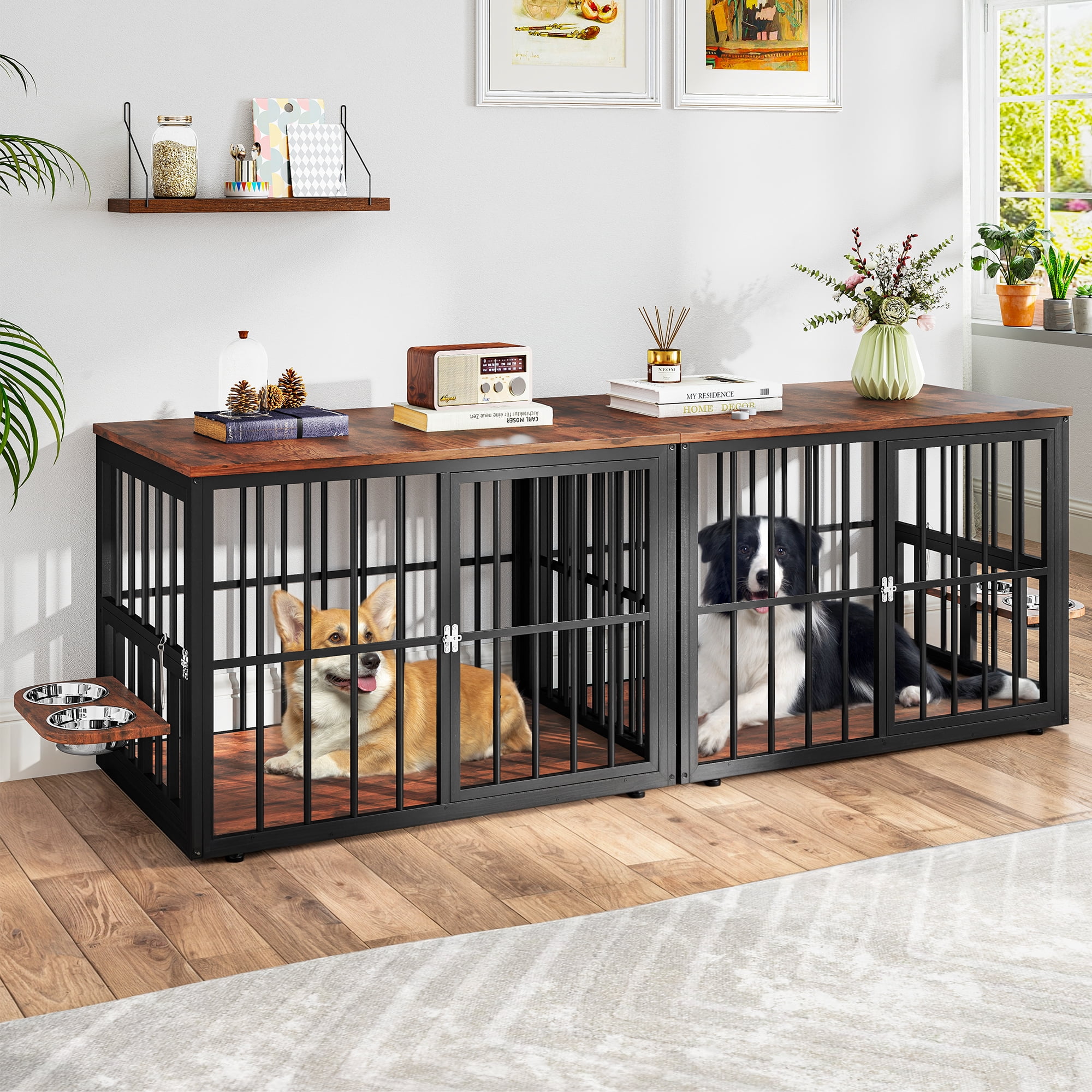 Dextrus 88.6" 4-in-1 Large Double Dog Crate Furniture,Heavy-Duty Wooden Dog Kennel with 360° Swivel Bowls & 3 Doors,Dog Crate Furniture TV Stand for 2 Medium/Large Dogs,Brown
