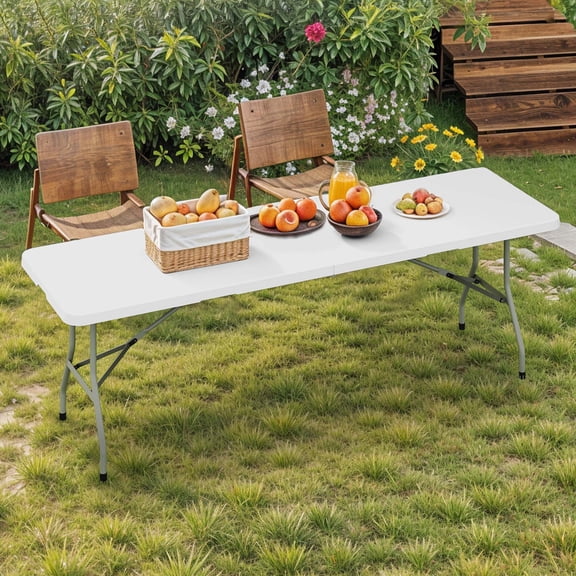 Dextrus 8FT Folding Table, Heavy Duty Plastic Portable Table with Built-in Carry Handle, Ideal for Camping, Picnic, Party, Banquet, Indoor Outdoor Use, White