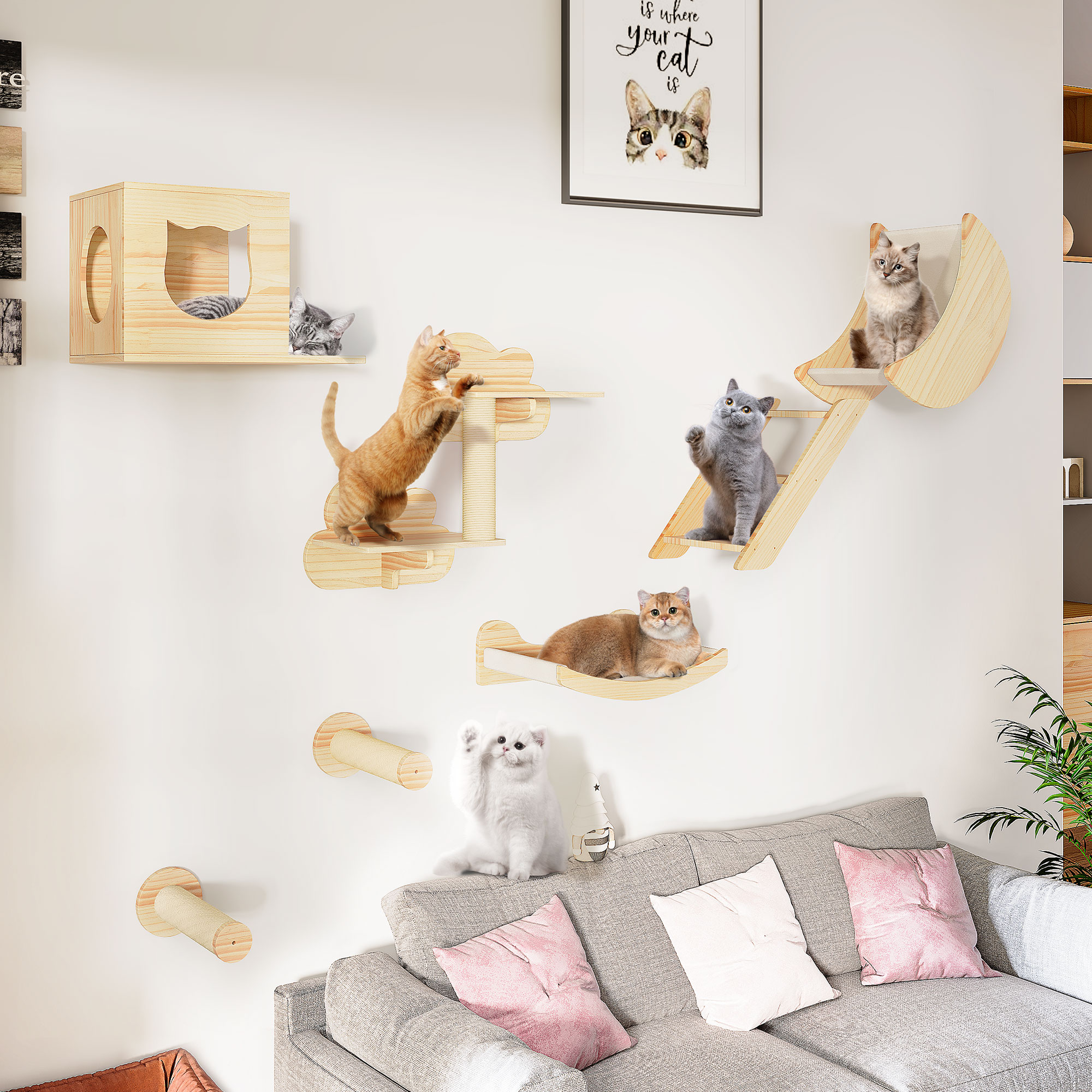 Dextrus 8PCS Wall Mounted Wood Cat Climber Set, Cat Hammock, Climbing