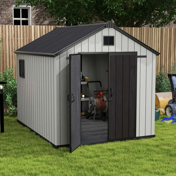 Dextrus 8x10 FT Outdoor Resin Storage Shed with Floor, Lockable Door, Windows & Vents, 544 cu ft, Gray