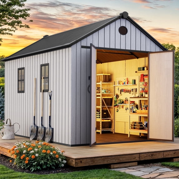 Dextrus 8x12 FT Resin Storage Shed with Floor, Lockable Doors, 2 Vents & 2 Windows for Outdoors, Grey