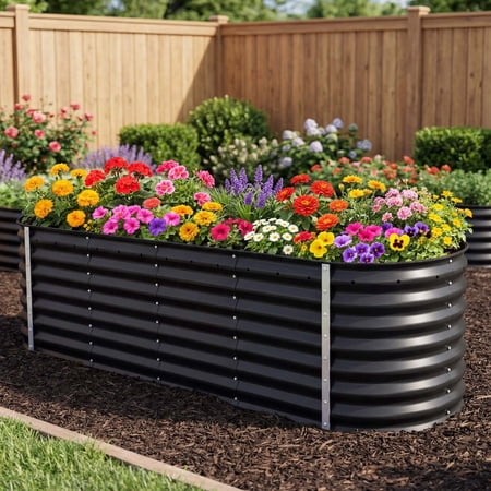 Dextrus 8x2x2FT 24" 9-in-1 Galvanized Metal Raised Garden Bed with Free Gloves, Supports & Rubber Parts for Plants Veggies, Black