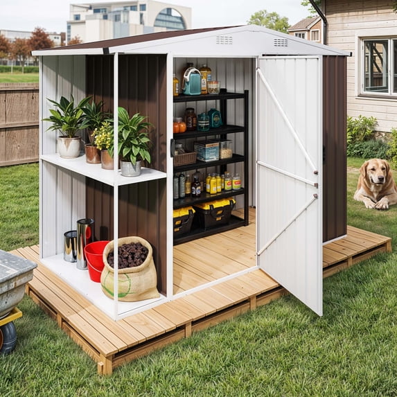 Dextrus 8x4 FT Outdoor Metal Storage Shed with Shelves, Lockable Tool Cabinet for Garden (Brown)