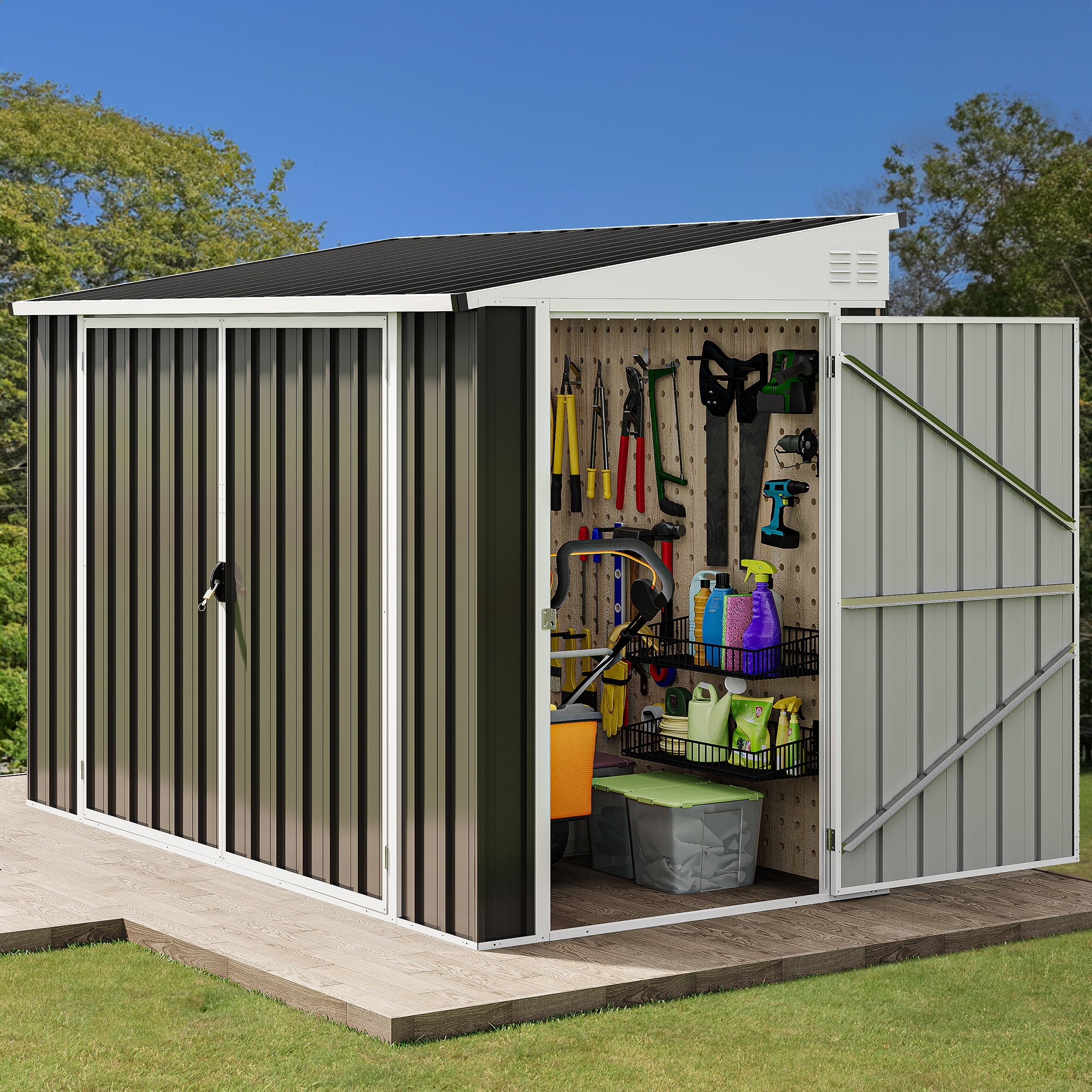 Dextrus 8x4ft Metal Outdoor Storage Shed, Heavy Duty Garden Shed with 3 ...