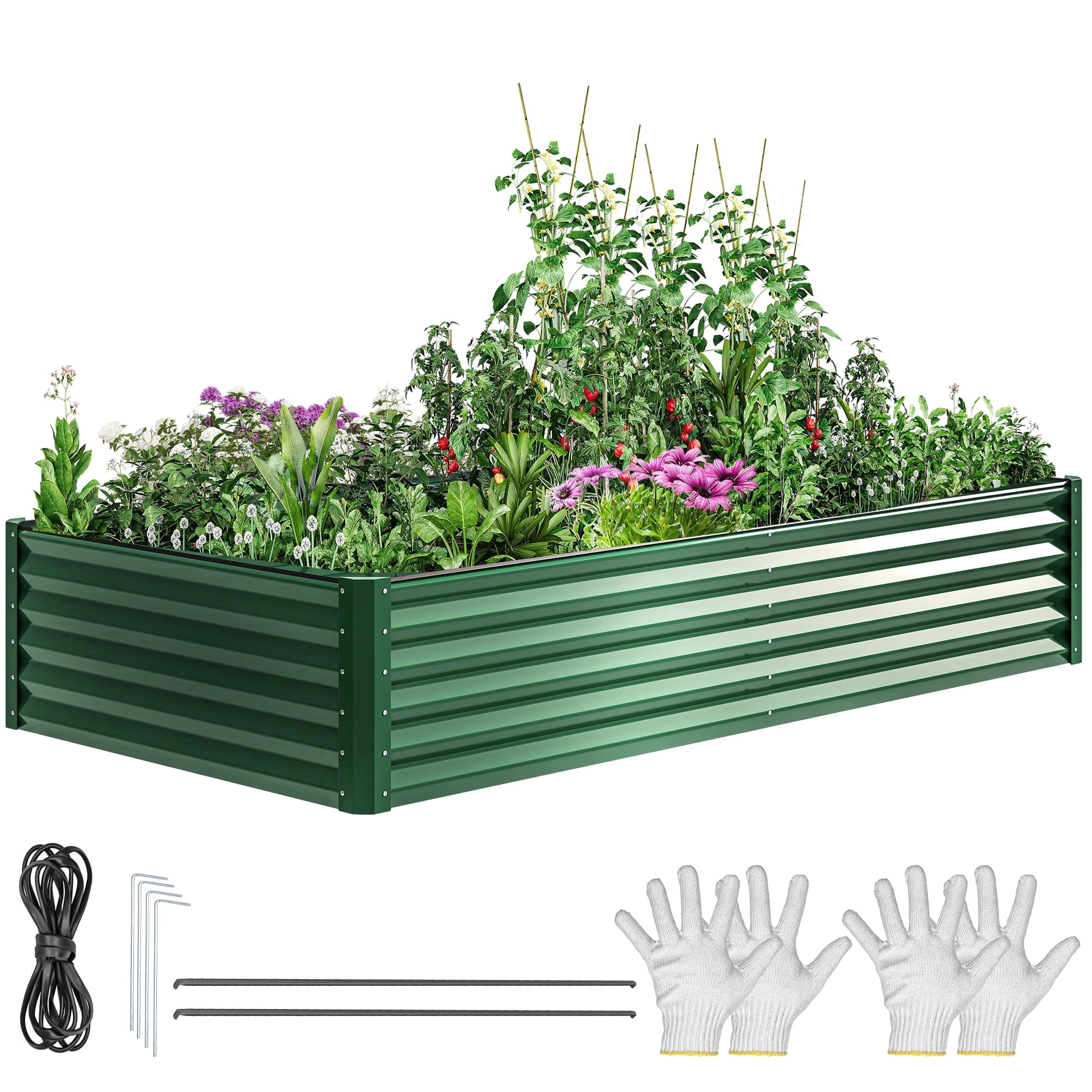 Dextrus 8x4x1.5Ft Large Raised Garden Bed, Galvanized Metal Planter with Accessories & Gloves, Green