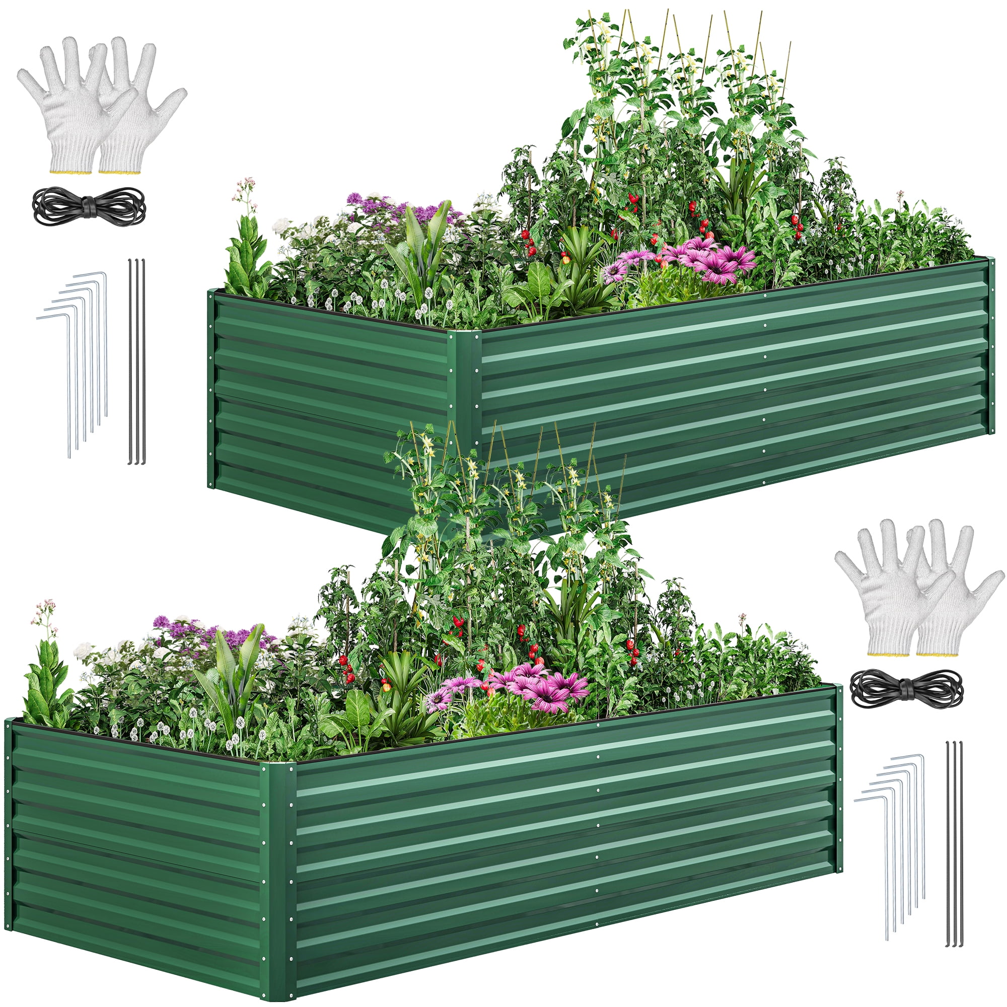 Dextrus 8x4x2Ft Large Raised Garden Bed Kit, Galvanized Metal Planters w/ Accessories & Gloves, 2Pcs, Green