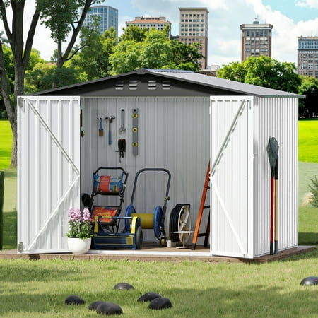 Dextrus 8x6 Ft Outdoor Storage Shed, Steel Tool Storage with Lockable Doors & Air Vents, White
