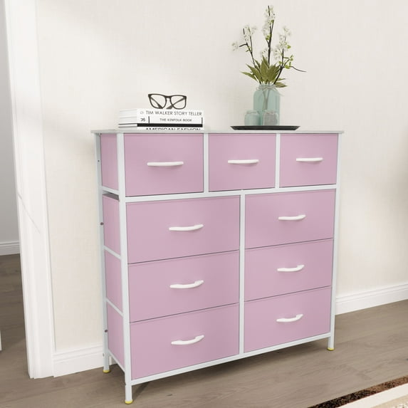 Dextrus 9 Drawer Dresser, Pink Bedroom Storage, Fabric Wardrobe Organizer & Living Room Chest Durable Metal Frame, Timber Top