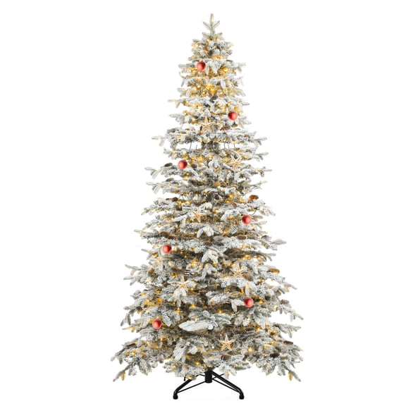 Dextrus 9 FT Prelit Flocked Spruce Christmas Tree w/ 80 Pine Cones, Pre-Decorated Artificial Pine Christmas Tree with 1818 Tips & 820 Lights, Remote Control,11 Light Modes, White Flocked