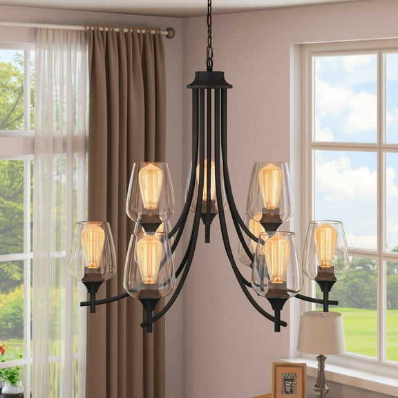 Dextrus 9 - Light Matte Black Candle Style Pendant, Classic Chandelier with Clear Glass Shade, Modern Pendant Light Ceiling Light for Dining Room Living Room Bedroom