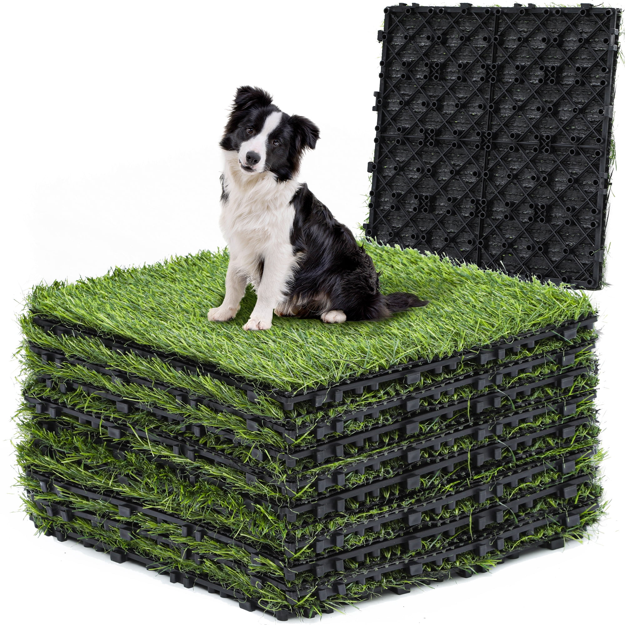 Dextrus 9-Pack Artificial Grass Tiles, Indoor Outdoor Turf Mat Squares Grass Rug with Drainage, 12'' x 12'' Synthetic Fake Grass for Dogs, Pets, Patio and Balcony