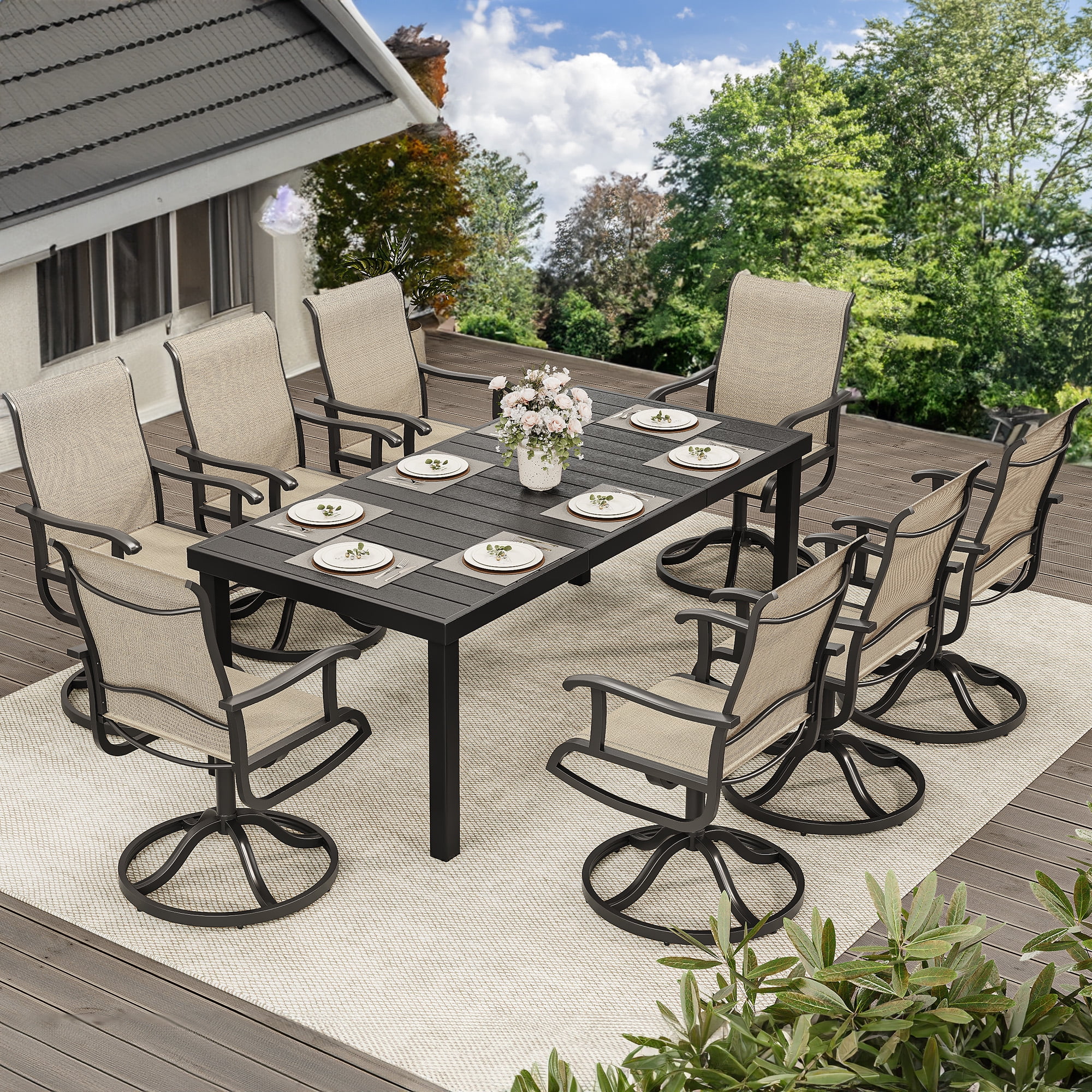 Dextrus 9Piece Swivel Patio Dining Set, Weather Resistant Outdoor Furniture Set with Swivel