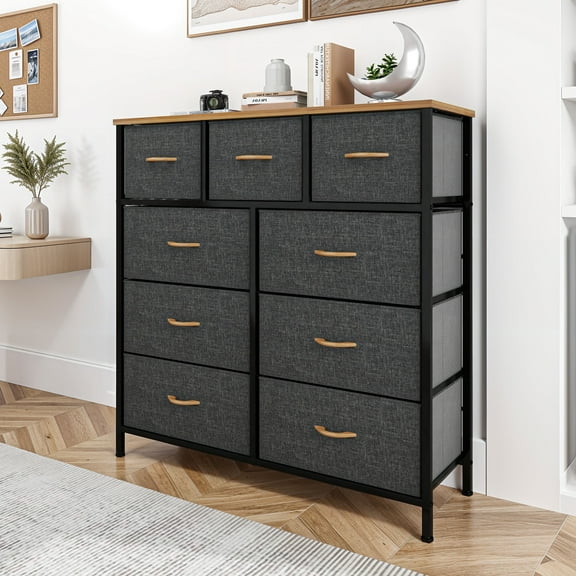 DEXTRUS 9-Drawer Fabric Dresser Tower for Adults, Dark Gray Storage Organizer for Bedroom & Closet