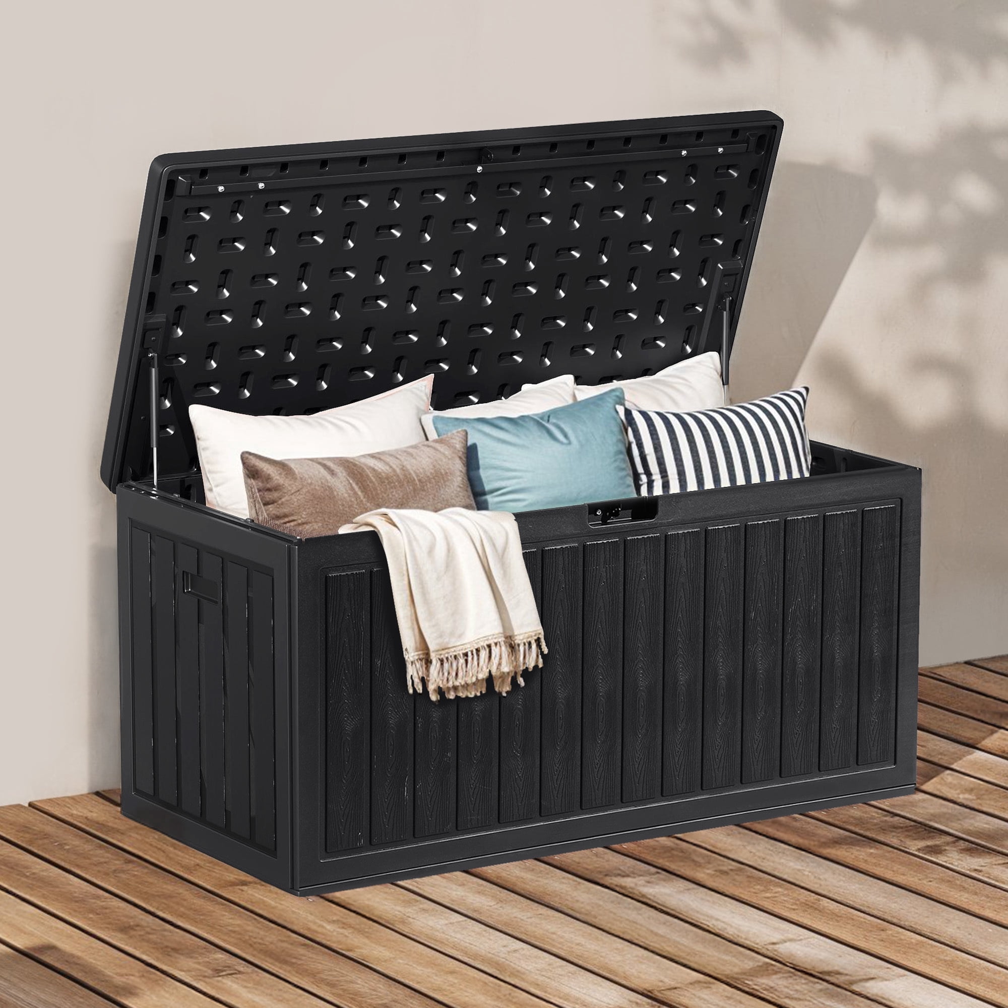 Dextrus 90 Gallon Double-Wall Resin Deck Box, Black Waterproof Weather Resistant Outdoor Storage Box, Lockable Container with 450lbs Heavy-Duty Seating for Patio, Garden Tools & Outdoor Essentials
